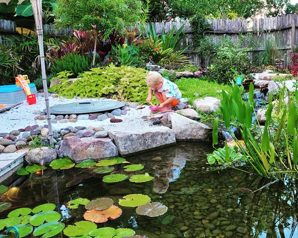 Child playing by a backyard pond with water lilies, surrounded by vibrant garden landscaping and natural stones.