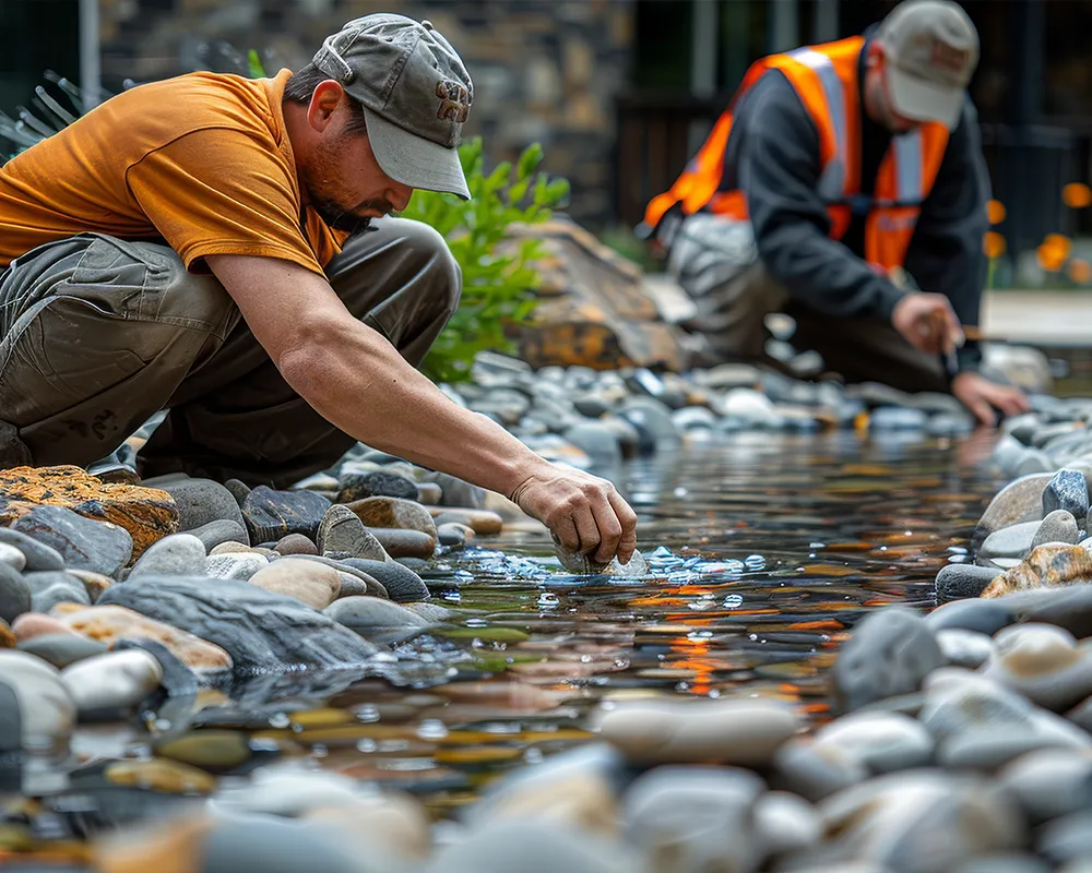 Two men performing detailed pond maintenance and cleaning rocks in a backyard water feature