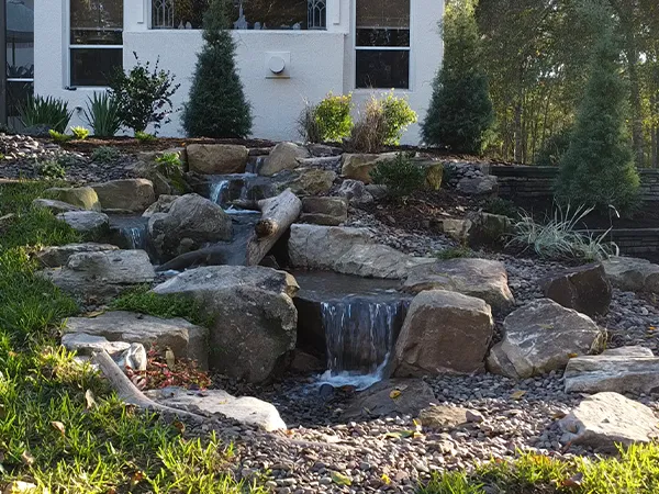 Backyard water feature with a small waterfall, natural stones, and tropical plants, creating a peaceful garden landscape.