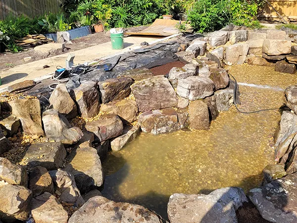 Backyard pondless waterfall with a rock and stone design, surrounded by plants, offering a low-maintenance water feature.